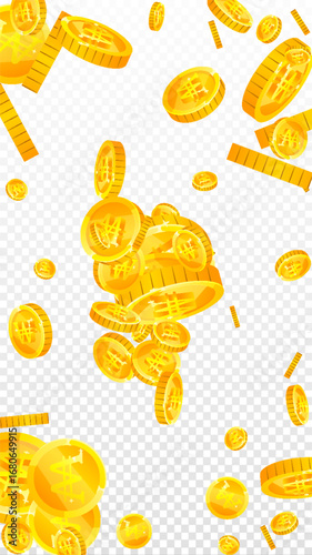 Korean won coins falling. Scattered gold WON