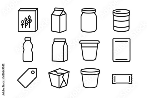 Food Packaging Icons. Outline icon set of food packaging design: cereal box, milk carton, glass jar, tin can,