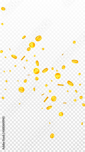 Russian ruble coins falling. Scattered gold RUB
