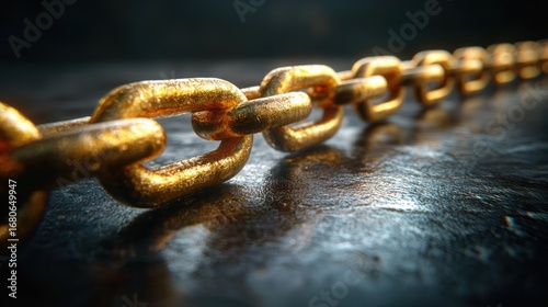 Golden chain on dark surface, strength, connection, security concept, website banner