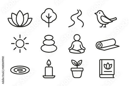 Nature Mindfulness Icons. Outline icon set of nature-based mindfulness: lotus flower, tree, river, bird, sun,