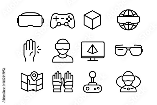 Virtual Reality Icons. Outline icon set of virtual reality: VR headset, game controller, 3D cube, immersive