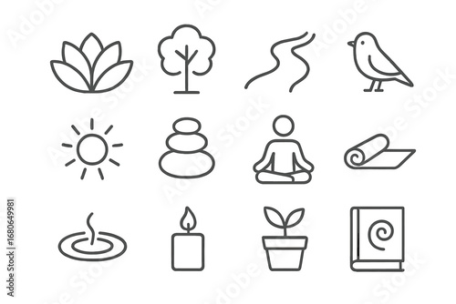 Nature Mindfulness Icons. Outline icon set of nature-based mindfulness: lotus flower, tree, river, bird, sun,