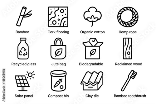 Sustainable Materials Icons. Outline icon set of sustainable materials trend: bamboo straw, cork flooring,