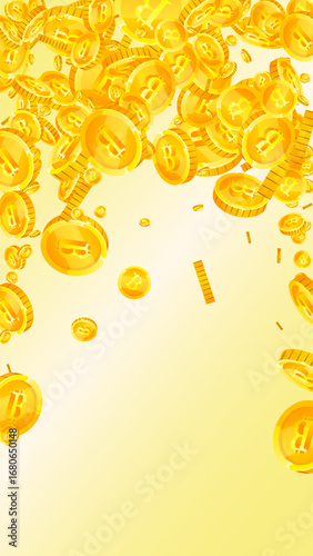 Bitcoin coins falling. Cryptocurrency scattered