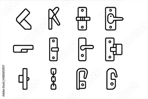 Ventilation Lock Icon Set. Outline icon set of ventilation locks: tilt latch, restrictor arm, sliding lock,