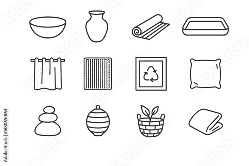 Nature-Inspired Icon Grid. Outline icon set of nature-inspired minimalism: wooden bowl, clay vase, bamboo mat,