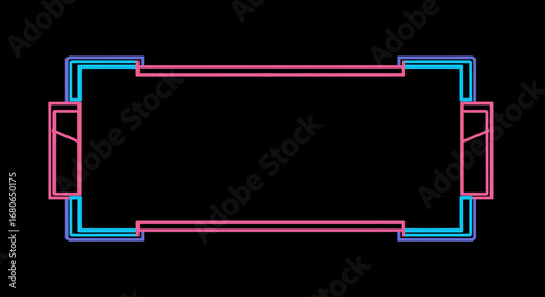 A captivating neon frame, outlined in vibrant pink and electric blue, glows against a stark black background, hinting at a retro-futuristic portal or an abstract digital display.