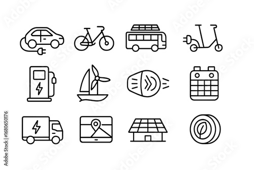 Clean Energy Transport Icons. Outline icon set of clean energy transport tech: electric car, e-bike, solar bus