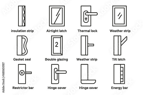 Energy-Efficient Window Icons. Outline icon set of energy-efficient window fittings: insulation strip,