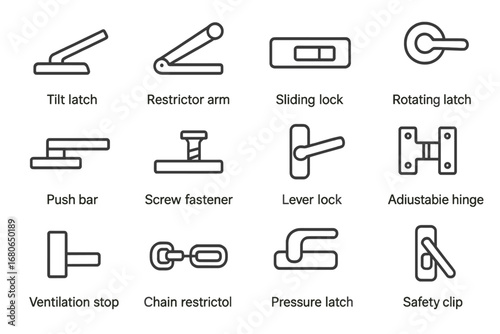 Ventilation Lock Icon Set. Outline icon set of ventilation locks: tilt latch, restrictor arm, sliding lock,