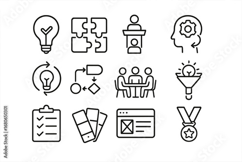 Innovative Project Icons. Outline icon set of innovative project leadership: innovation bulb, puzzle pieces,
