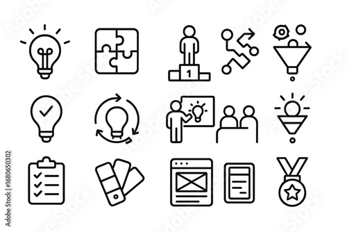 Innovative Project Icons. Outline icon set of innovative project leadership: innovation bulb, puzzle pieces,