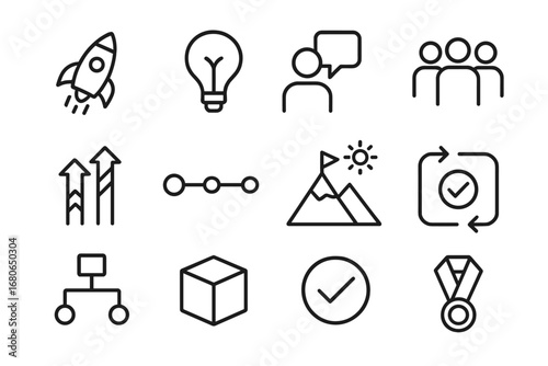 Innovation Icon Set. Outline icon set of inspiring innovation in teams: rocket launch, lightbulb icon, leader