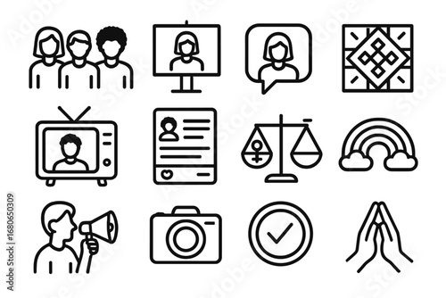 Inclusive Advertising Icons. Outline icon set of representation in advertising: diverse people, billboard,