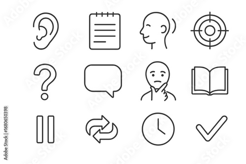 Active Listening Icons. Outline icon set of active listening: ear icon, notepad, nodding head, focus target,