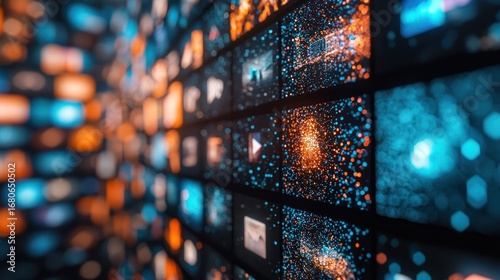 Streaming media wall, digital content, online video, global network, internet, technology, future, data