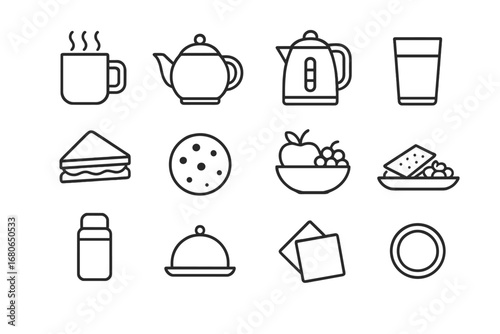 Remote Work Icons. Outline icon set of remote work coffee breaks: coffee mug, teapot, kettle, glass of water,