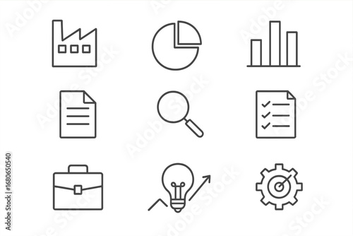 Industry Analysis Icons. Outline icon set of industry analysis: factory, pie chart, bar chart, document,