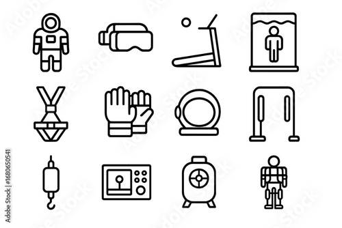 Astronaut Training Icons. Outline icon set of astronaut training gear: training suit, VR headset, treadmill,
