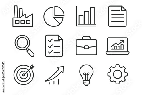 Industry Analysis Icons. Outline icon set of industry analysis: factory, pie chart, bar chart, document,