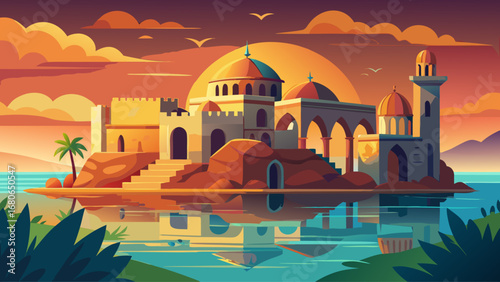 Kilwa Kisiwani, Tanzania, presents coral-stone ruins, arches, and ancient domes by the ocean. Golden reflection on calm water; semi-realistic flat vector emphasizing layered architecture and serene ba