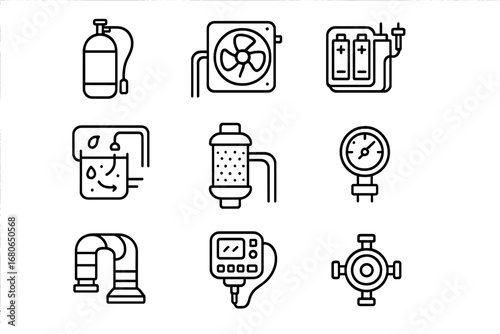Life Support Icons Grid. Outline icon set of life support systems: oxygen tank, cooling system, battery pack,