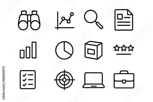 Competitor Analysis Icons. Outline icon set of competitor analysis: binoculars, comparison chart, magnifying
