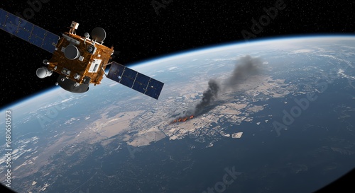 Satellite view of Earth with wildfire and smoke