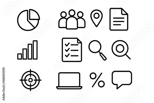 Market Segmentation Icons. Outline icon set of market segmentation: pie chart, group of people, map pin,