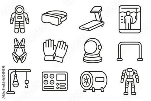 Astronaut Training Icons. Outline icon set of astronaut training gear: training suit, VR headset, treadmill,