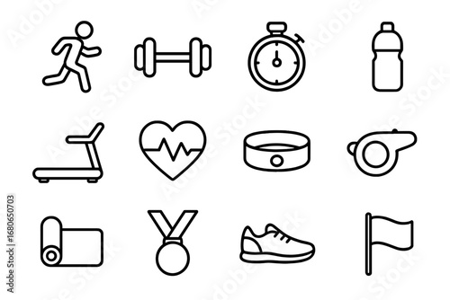 Sports Training Icons. Outline icon set of sports training: runner, dumbbell, stopwatch, water bottle,