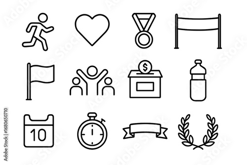 Charity Marathon Icon Set. Outline icon set of charity marathon: runner, heart icon, medal, finish line, flag,
