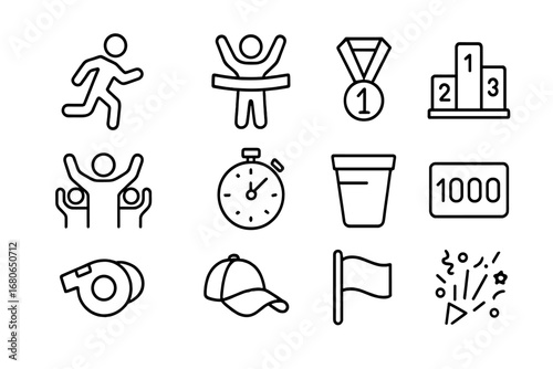 Marathon Icon Set. Outline icon set of marathon celebration: runner silhouette, finish tape, medal, podium,