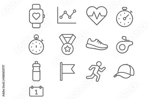 Health Tracking Icons. Outline icon set of health and performance tracking: smartwatch, graph, heart rate
