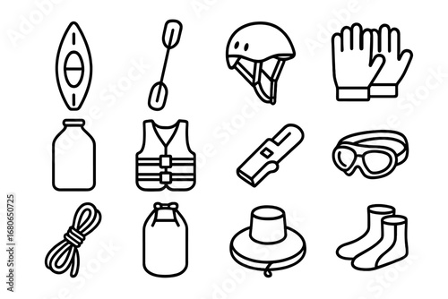 Kayaking Gear Icons. Outline icon set of kayaking equipment: kayak, paddle, helmet, gloves, waterproof bag,