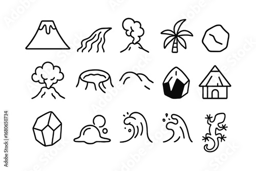 Volcanic Icon Set. Outline icon set of volcanic landscapes: volcano cone, lava flow, smoke plume, rock, ash