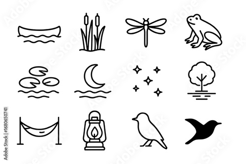 Waterside Mood Icons. Outline icon set of tranquil waterside moments: canoe, reeds, dragonfly, frog, lily pads