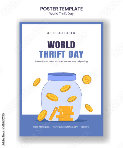 World Thrift Day Vertical Poster Template in Flat Cartoon Hand Drawn Background Style
