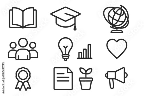 Education Startup Icons. Outline icon set of education-focused startups: open book, graduation cap, laptop,