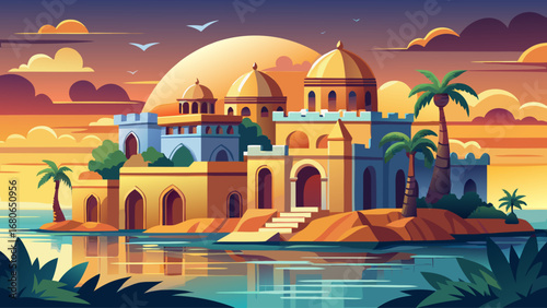 Kilwa Kisiwani, Tanzania, presents coral-stone ruins, arches, and ancient domes by the ocean. Golden reflection on calm water; semi-realistic flat vector emphasizing layered architecture and serene ba