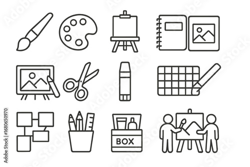 Art Collaboration Icons. Outline icon set of artistic collaboration: paintbrush, color palette, easel,