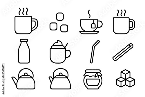 Hot Drinks Icons. Outline icon set of hot drinks for pajama party: hot cocoa, marshmallows, tea cup, coffee