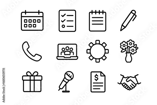 Event Planning Icons. Outline icon set of event planning teamwork: calendar, checklist, notepad, pen, phone,