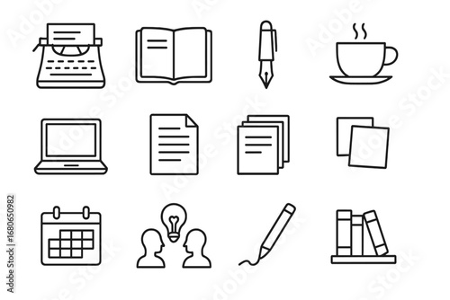 Writing Icons Grid. Outline icon set of writing partnership: typewriter, open notebook, fountain pen, coffee