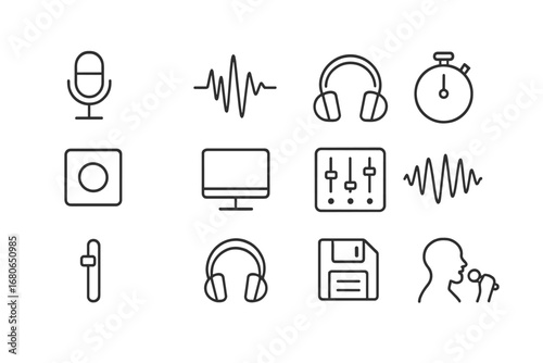 Recording Icon Set. Outline icon set of recording takes: microphone, waveform, headphones, timer, recording