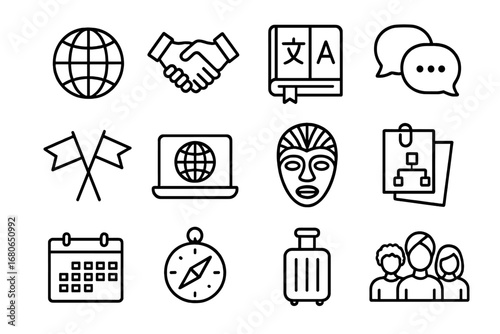 Cross-Cultural Icon Set. Outline icon set of cross-cultural collaboration: globe, handshake, translation book,