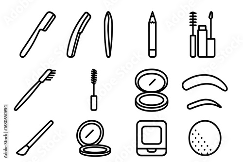 Eyebrow Shaping Tools. Outline icon set of eyebrow shaping at home: brow razor, tweezers, brow pencil, brow