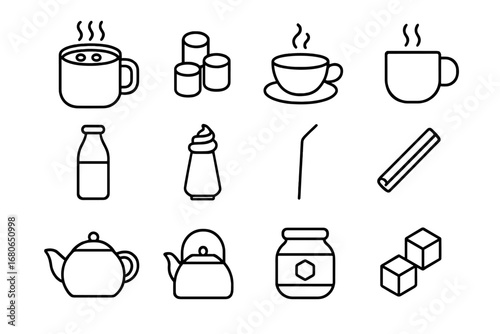 Hot Drinks Icons. Outline icon set of hot drinks for pajama party: hot cocoa, marshmallows, tea cup, coffee