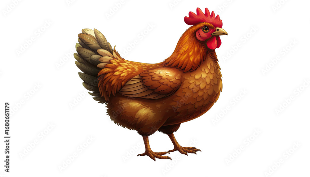 Fototapeta premium Illustration of brown chicken standing on dirt ground isolated on white background
